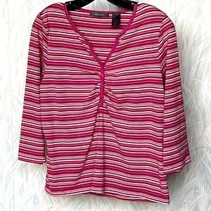 🌞 Liz Claiborne Pull over buttonspink stripes ruched 3/4 sleeve top women L